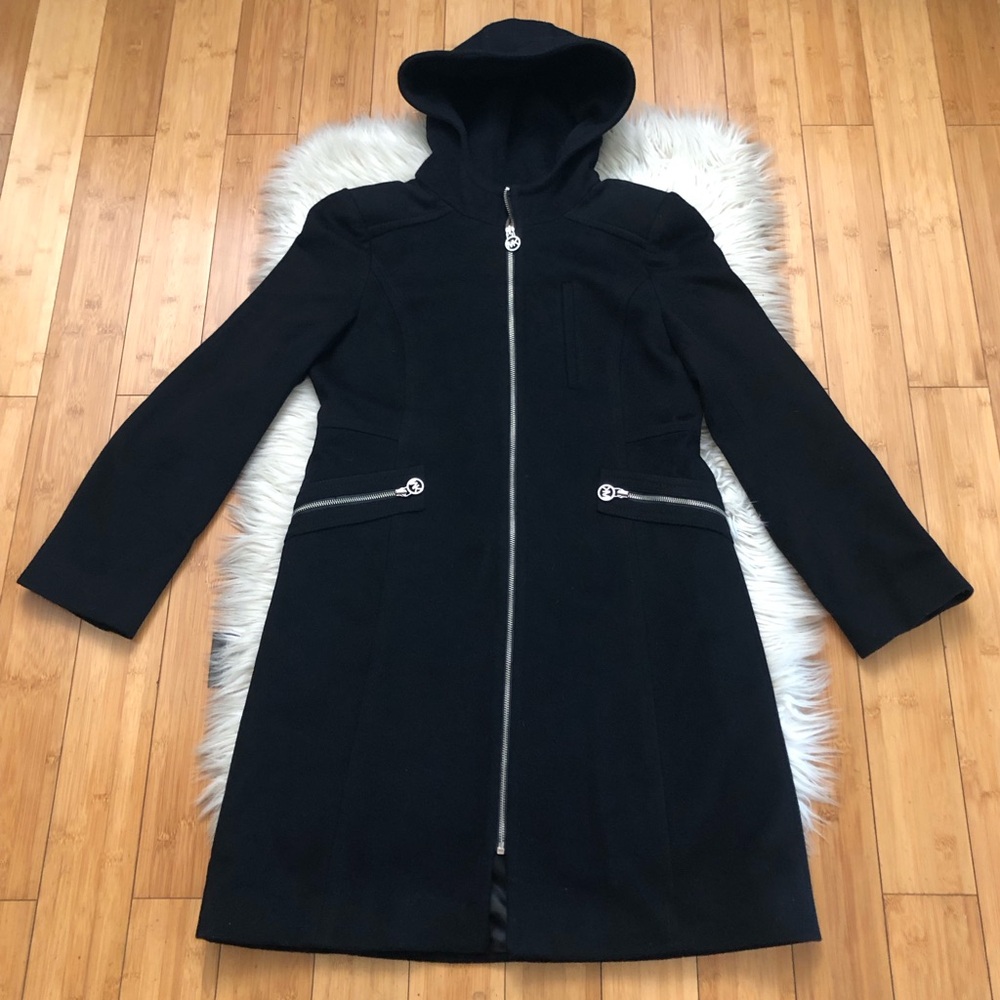 Michael Kors 100% Wool Hooded Zip Up Black Womens Trench Coat Jacket size 10